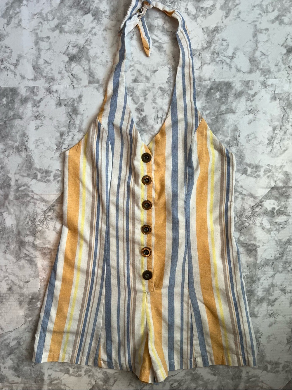 Paradise USA Striped Halter Romper in Yellow, Blue & White